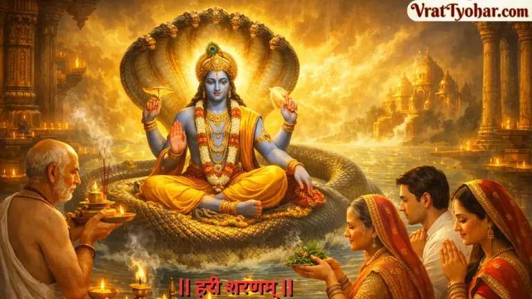 एकादशी व्रत में भगवान विष्णु की पूजा करते हुए भक्त, तुलसी अर्पण और दीप जलाते हुए