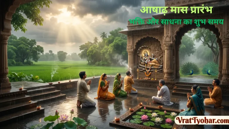 आषाढ़ मास 2026 में भगवान विष्णु और वर्षा ऋतु का धार्मिक दृश्य