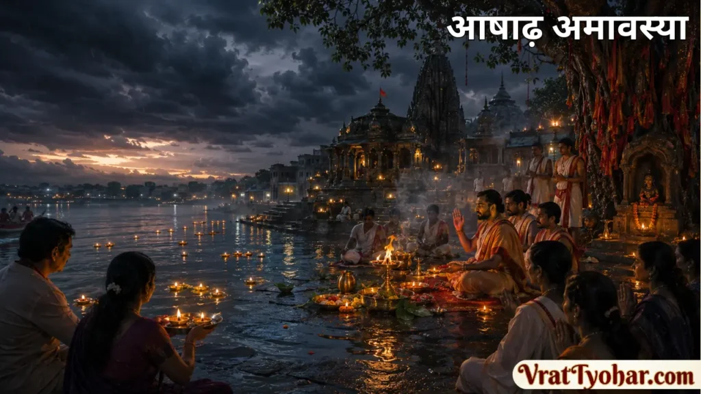 Ashadha Amavasya showing devotees performing sacred rituals near holy river