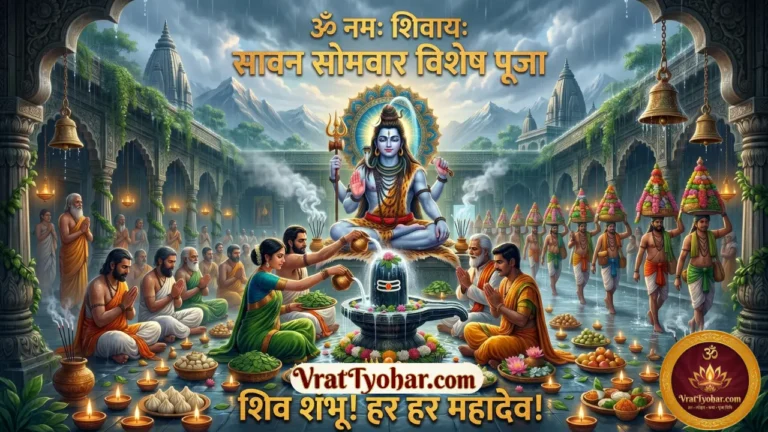 श्रावण सोमवार व्रत में शिव पूजा और शिवलिंग पर जल अर्पित करते भक्त