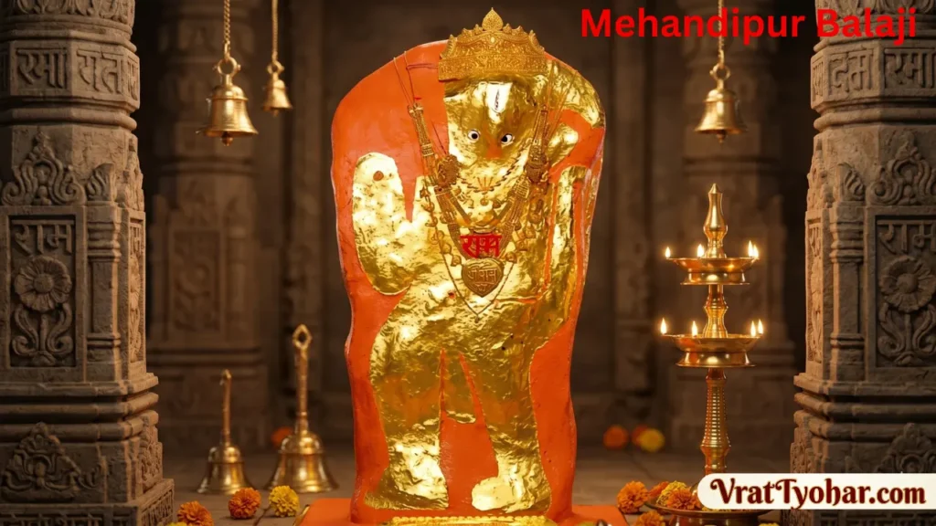 Ultra realistic view of Mehandipur Balaji Temple with divine Hanuman idol, glowing diyas