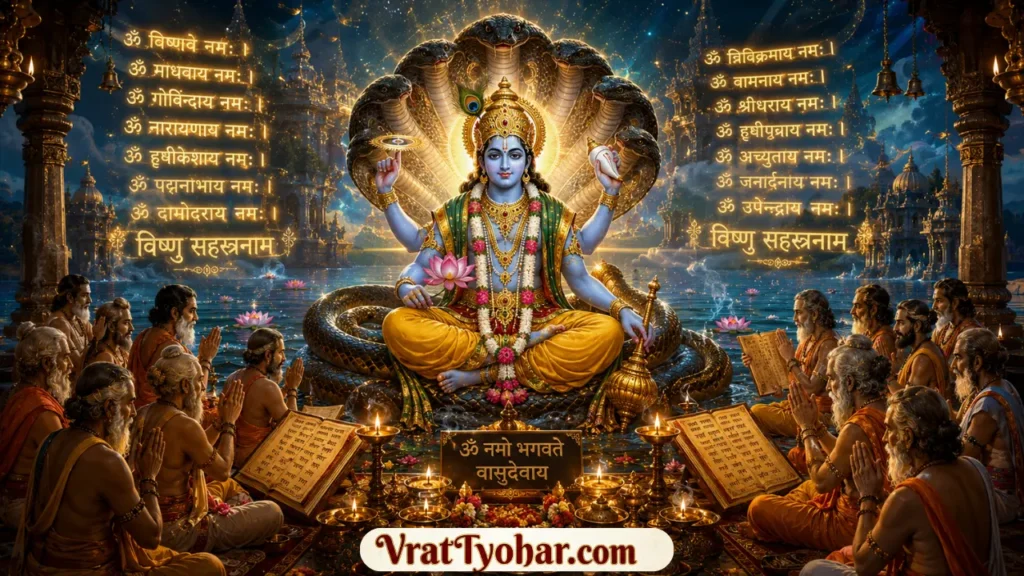 भगवान विष्णु के दिव्य स्वरूप के साथ विष्णु सहस्रनाम पाठ का आध्यात्मिक दृश्य