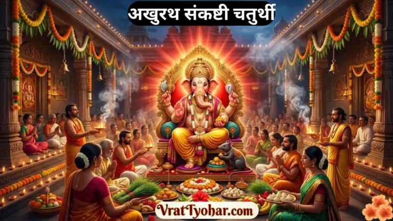 अखुरथ संकष्टी चतुर्थी पर भगवान श्री गणेश का दिव्य स्वरूप, चंद्रमा को अर्घ्य अर्पित करते श्रद्धालु, मोदक, दूर्वा