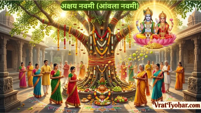 अक्षय नवमी पर आंवला वृक्ष की पूजा करते श्रद्धालु, भगवान विष्णु और माता लक्ष्मी की आराधना तथा भक्तिमय धार्मिक वातावरण