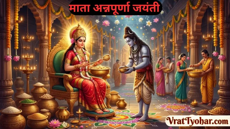 अन्नपूर्णा जयंती पर माता अन्नपूर्णा स्वर्ण सिंहासन पर विराजमान, हाथों में अन्न से भरा पात्र और करछुल, भगवान शिव को अन्नदान करती हुई