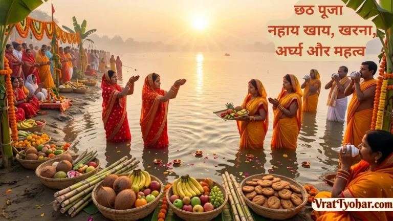छठ पूजा में अस्ताचलगामी सूर्य को अर्घ्य देती महिलाएं, नदी घाट, बाँस की सूप और पूजा सामग्री के साथ भक्तिमय दृश्य