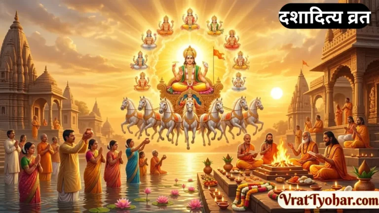 दशादित्य व्रत पर सात घोड़ों के रथ पर विराजमान भगवान सूर्यदेव, श्रद्धालु अर्घ्य अर्पित करते हुए