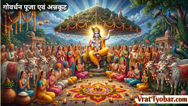 गोवर्धन पूजा पर भगवान श्रीकृष्ण गोवर्धन पर्वत धारण करते हुए, अन्नकूट प्रसाद और भक्तों द्वारा पूजा-अर्चना का दिव्य दृश्य