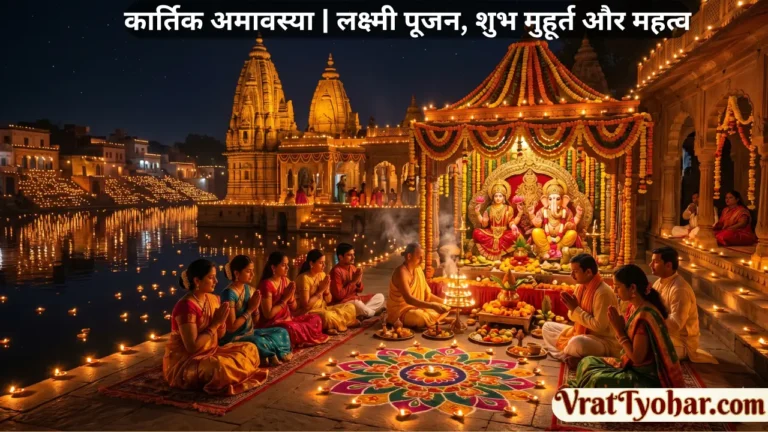 कार्तिक अमावस्या पर जलते हुए दीपक, माता लक्ष्मी की पूजा, दीपदान और भक्तिमय धार्मिक वातावरण का दृश्य