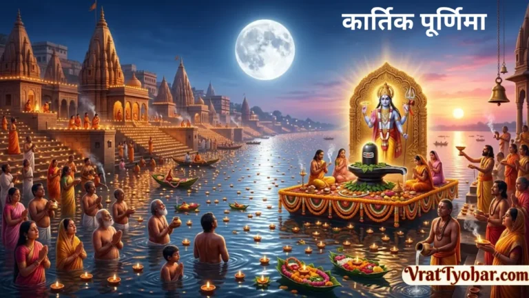 कार्तिक पूर्णिमा पर गंगा स्नान करते श्रद्धालु, दीपदान, भगवान विष्णु और भगवान शिव की पूजा