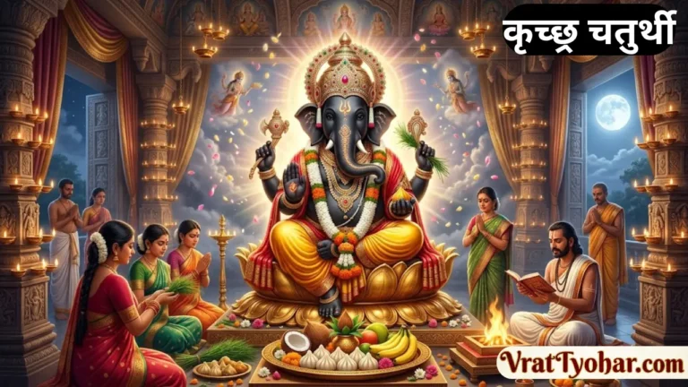 कृच्छ्र चतुर्थी व्रत पर भगवान श्री गणेश का दिव्य स्वरूप, मोदक, दूर्वा, दीपक, कलश और भक्तों द्वारा की जा रही पूजा का पावन दृश्य