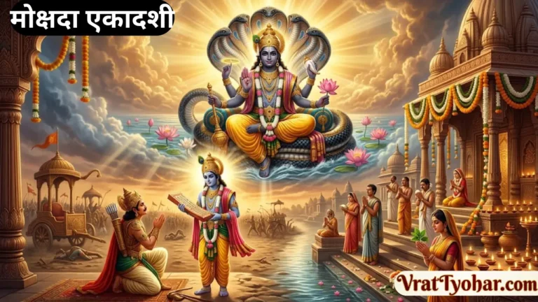 मोक्षदा एकादशी पर भगवान विष्णु, श्रीकृष्ण द्वारा अर्जुन को भगवद्गीता का उपदेश, शंख, चक्र, कमल, तुलसी