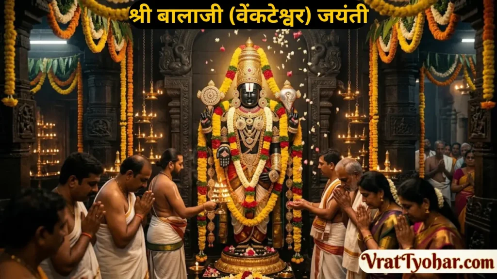 श्री बालाजी (भगवान वेंकटेश्वर) जयंती पर तिरुपति बालाजी का दिव्य स्वरूप, शंख, चक्र, स्वर्णाभूषण, पुष्पमालाएं