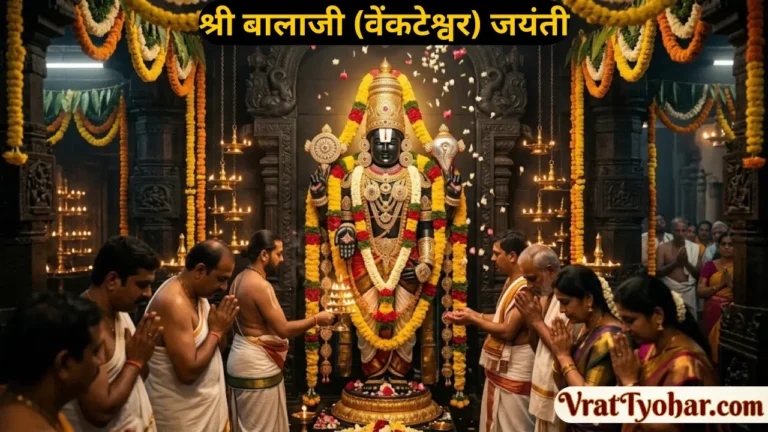 श्री बालाजी (भगवान वेंकटेश्वर) जयंती पर तिरुपति बालाजी का दिव्य स्वरूप, शंख, चक्र, स्वर्णाभूषण, पुष्पमालाएं