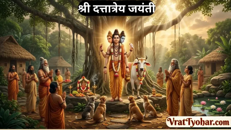 श्री दत्तात्रेय जयंती पर भगवान दत्तात्रेय का त्रिमूर्ति स्वरूप, चार कुत्ते, कामधेनु गौ माता, कमंडल, जपमाला