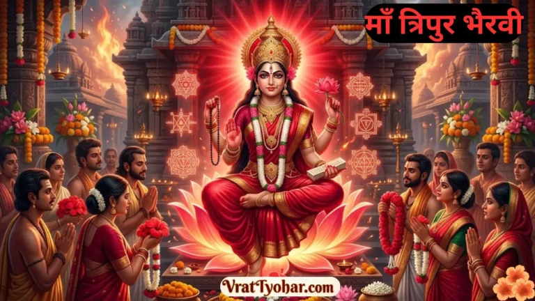 माँ त्रिपुर भैरवी जयंती पर लाल वस्त्र धारण किए दिव्य स्वरूप में विराजमान माँ त्रिपुर भैरवी, कमलासन, त्रिशूल, जपमाला, तेजस्वी आभा