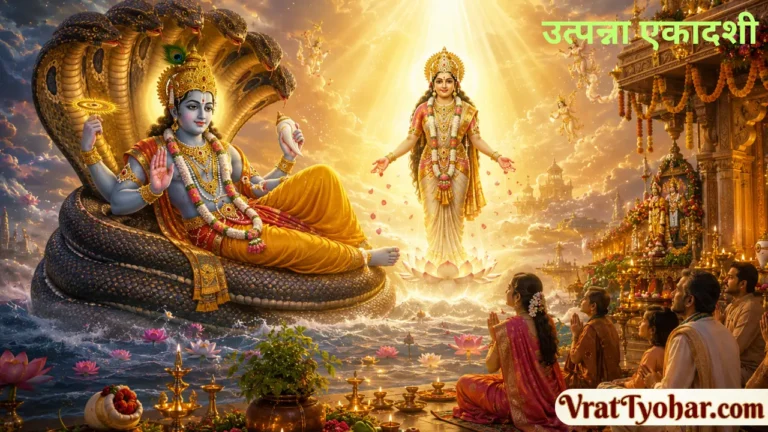 उत्पन्ना एकादशी पर भगवान विष्णु, माता एकादशी, शंख, चक्र, कमल, दीपक