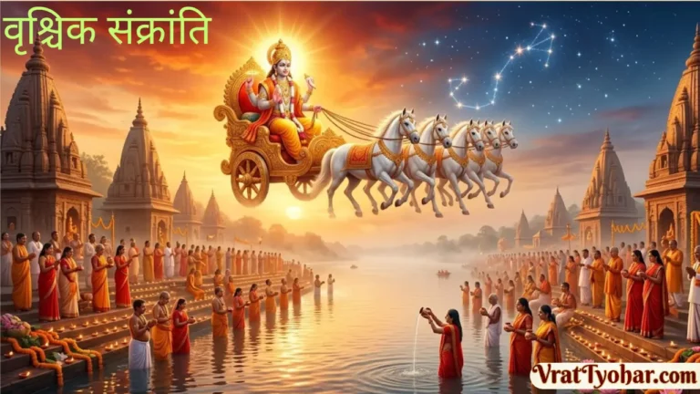 वृश्चिक संक्रांति पर सूर्य देव का वृश्चिक राशि में प्रवेश, स्वर्णिम आभा, स्नान-दान और धार्मिक अनुष्ठानों का दिव्य दृश्य
