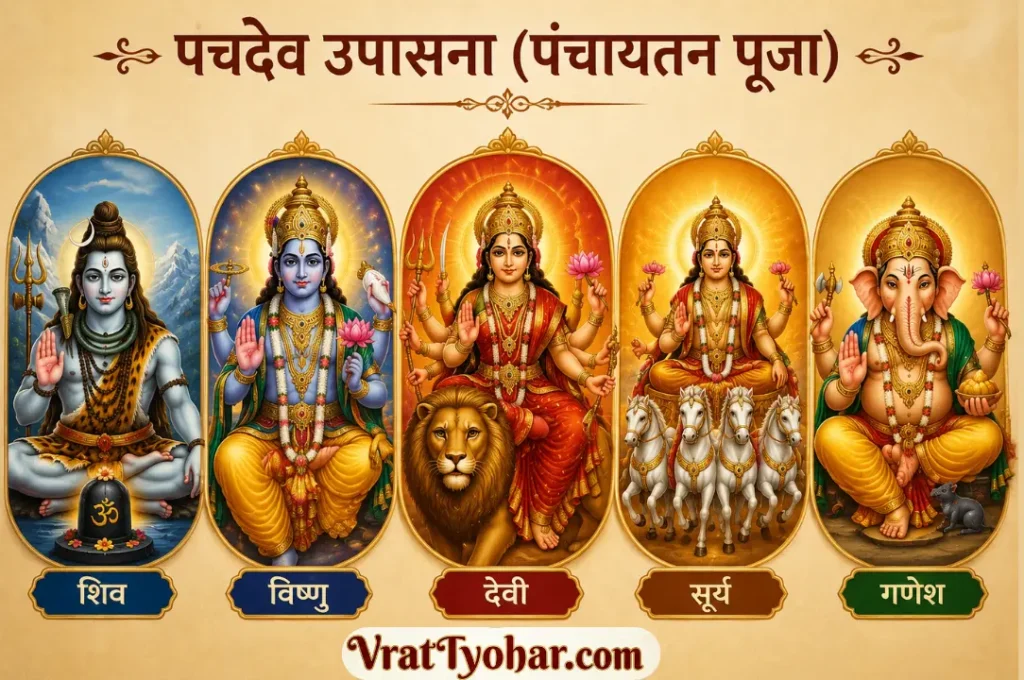 पंचदेव उपासना (पंचायतन पूजा) में भगवान गणेश, भगवान शिव, भगवान विष्णु, माँ दुर्गा और भगवान सूर्य का दिव्य स्वरूप