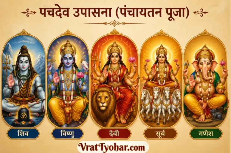 पंचदेव उपासना (पंचायतन पूजा) में भगवान गणेश, भगवान शिव, भगवान विष्णु, माँ दुर्गा और भगवान सूर्य का दिव्य स्वरूप