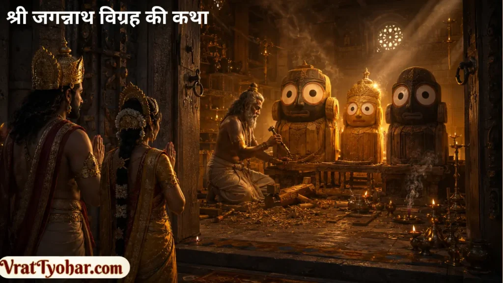 भगवान जगन्नाथ, बलभद्र और सुभद्रा के दिव्य विग्रह का निरम करते हुए देव शिल्पी विश्वकर्मा
