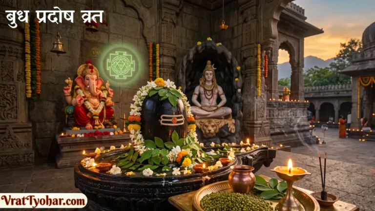 शिवलिंग पूजा, हरे बिल्वपत्र, साबुत मूंग, गणेश जी और प्रदोष काल का सुंदर दृश्य।