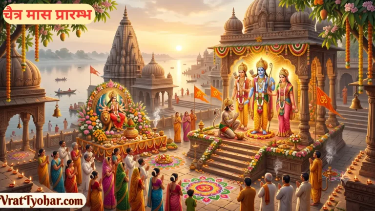 चैत्र मास का चित्र, जिसमें वसंत ऋतु, कलश, आम के पत्ते, मंदिर, चैत्र नवरात्रि और राम नवमी