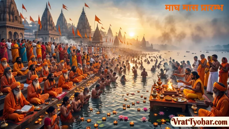 माघ मास मे संगम स्नान करते हुए भक्त