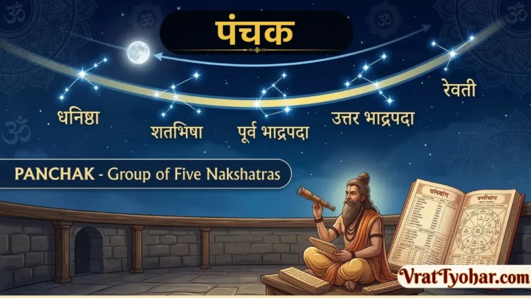 पंचक के पाँच नक्षत्रों का इन्फोग्राफिक – धनिष्ठा (अंतिम दो चरण), शतभिषा, पूर्वा भाद्रपद, उत्तरा भाद्रपद और रेवती।