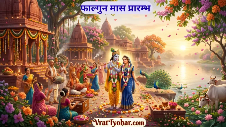 फाल्गुन मास का प्रतीकात्मक चित्र, जिसमें वसंत ऋतु, भगवान श्रीकृष्ण, राधा रानी, रंगों की होली, मंदिर, पुष्प