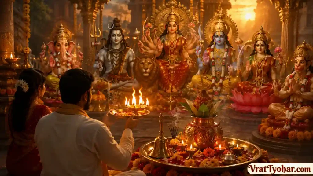 सभी देवी-देवताओं की आरती और पूजा करते भक्त