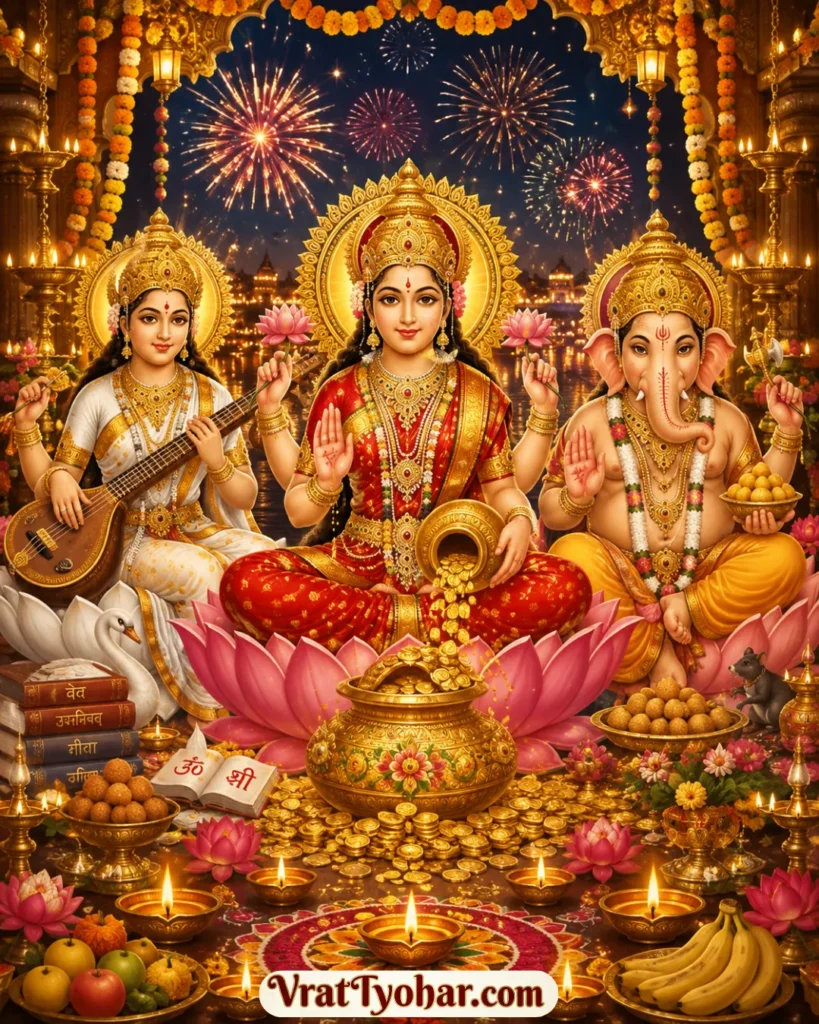 दिवाली उत्सव का दृश्य जिसमें माँ सरस्वती जी, माँ लक्ष्मी, गणेश जी की पूजा इमेज