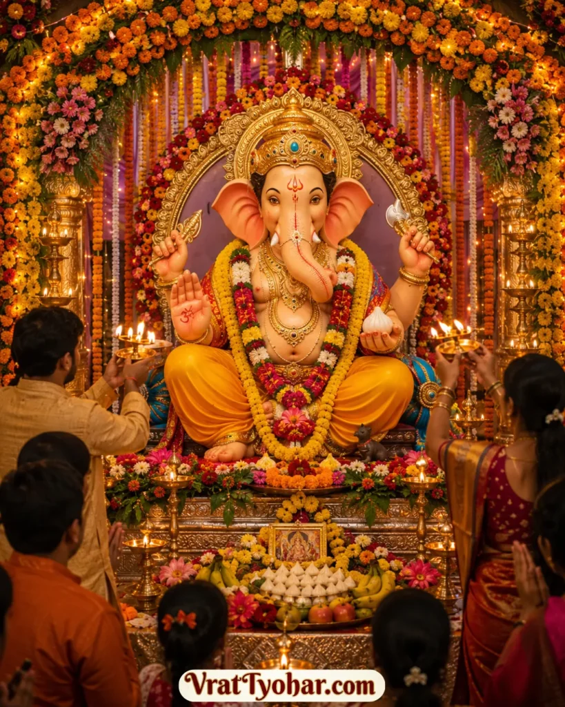 गणेश चतुर्थी का दृश्य जिसमें फूलों से सजी भगवान गणेश की प्रतिमा, पंडाल, आरती करते भक्त और मोदक का भोग दिखाई दे रहा है।