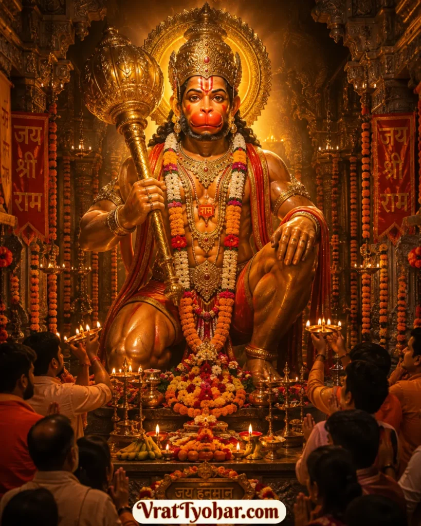हनुमान जयंती का धार्मिक दृश्य जिसमें भगवान हनुमान की तेजस्वी प्रतिमा, गदा, मंदिर में पूजा और आरती करते भक्त दिखाई दे रहे हैं।