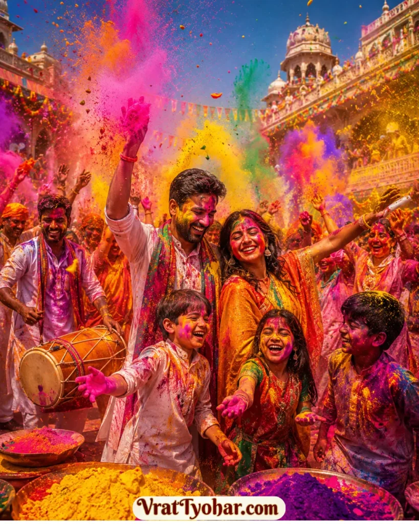 होली त्योहार का रंगों भरा दृश्य जिसमें लोग गुलाल खेलते हुए, ढोल-नृत्य और भारतीय पारंपरिक परिधान में उत्सव मनाते हुए दिखाई दे रहे हैं।