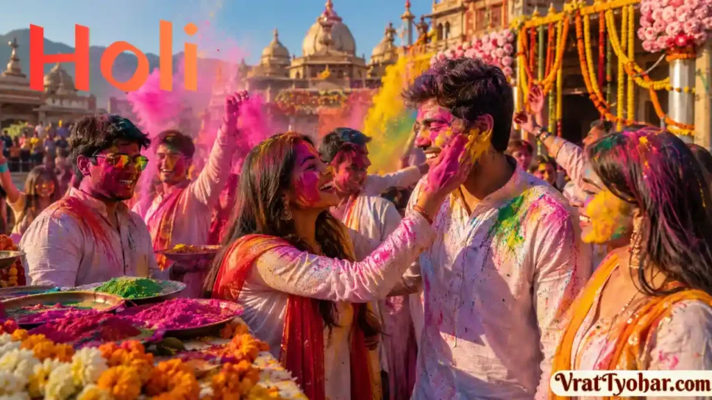 होली के त्योहार पर रंग और गुलाल खेलते लोग