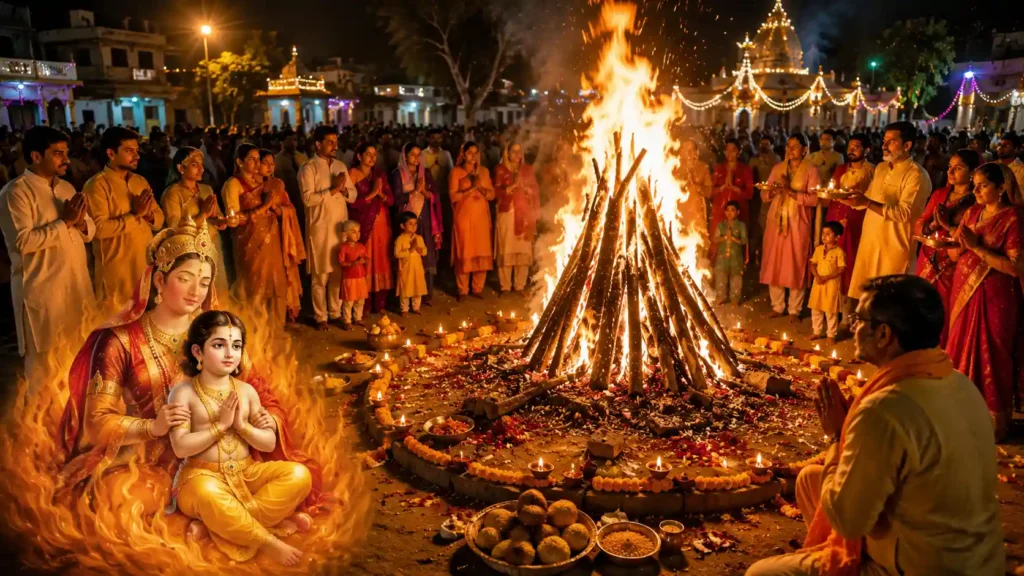 होलिका दहन के पावन अवसर पर अग्नि की पूजा करते भक्त
