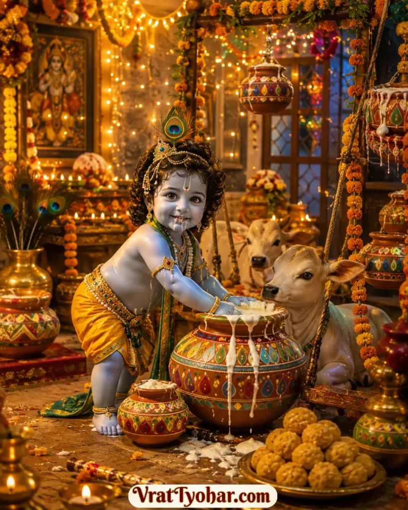 जन्माष्टमी का दृश्य जिसमें बाल कृष्ण माखन चुराते हुए, मोरपंख, बांसुरी, झूला और दही-हांडी की सजावट दिखाई दे रही है।