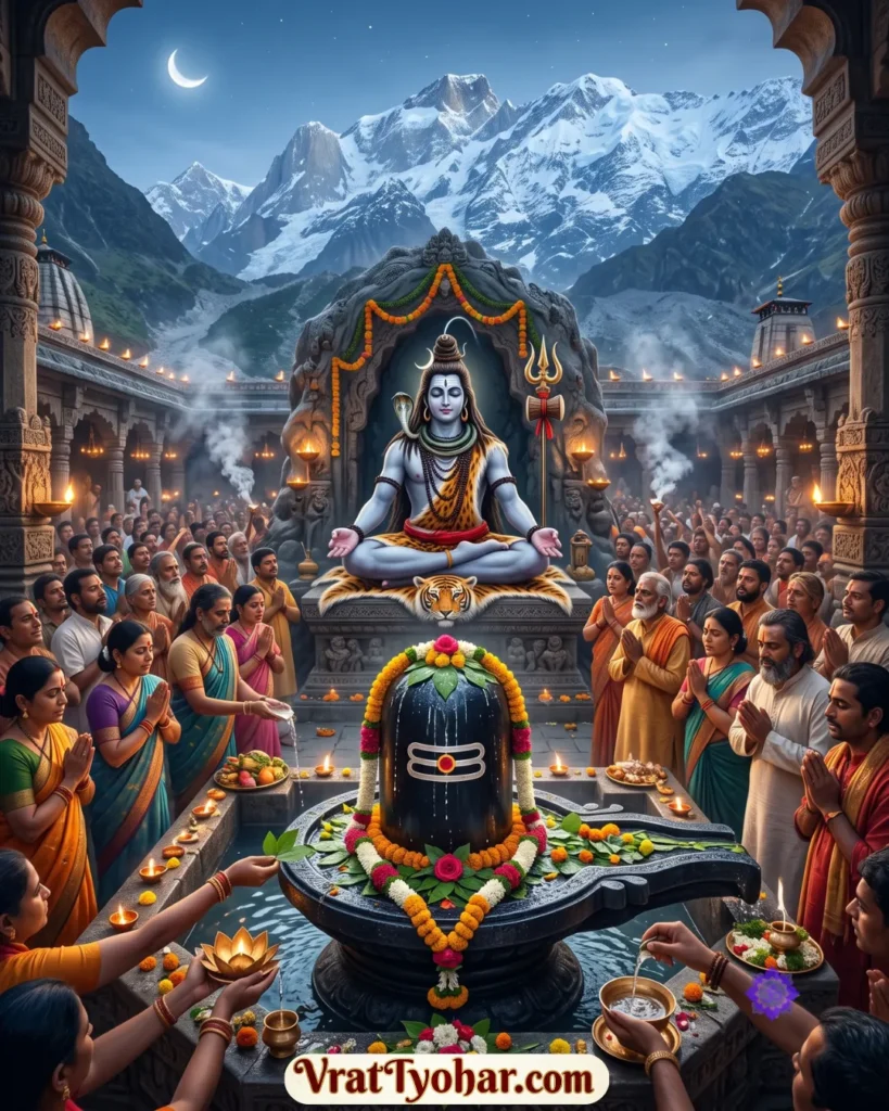 महाशिवरात्रि का धार्मिक दृश्य जिसमें भगवान शिव ध्यान मुद्रा में, शिवलिंग पर जल और बेलपत्र अर्पित करते भक्त, धूप-दीप और हिमालय की पृष्ठभूमि दिखाई दे रही है।