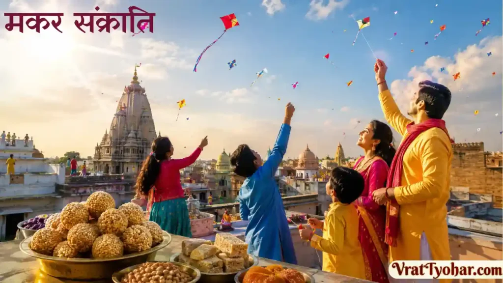 मकर संक्रांति पर सूर्य देव की पूजा और पतंग उड़ाते हुए लोग