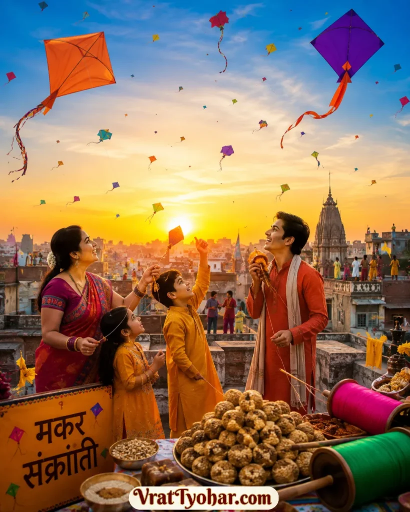 मकर संक्रांति उत्सव का दृश्य जिसमें आसमान में उड़ती पतंगें, तिल के लड्डू, गुड़ और सूर्य की सुनहरी किरणें दिखाई दे रही हैं।