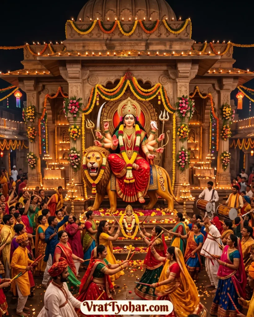 नवरात्रि उत्सव का दृश्य जिसमें मां दुर्गा की प्रतिमा, मंदिर की सजावट, दीपक, भक्त और गरबा-डांडिया का आयोजन दिखाई दे रहा है।