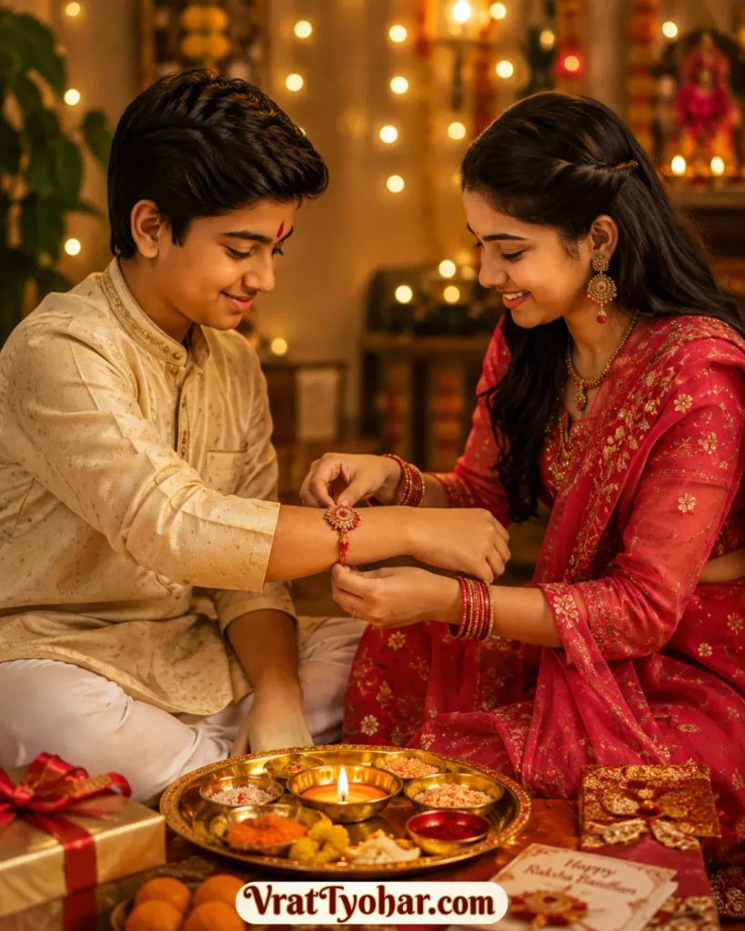 रक्षाबंधन का भावनात्मक दृश्य जिसमें बहन भाई को राखी बांध रही है, पूजा की थाली, मिठाई और उपहार रखे हुए हैं।