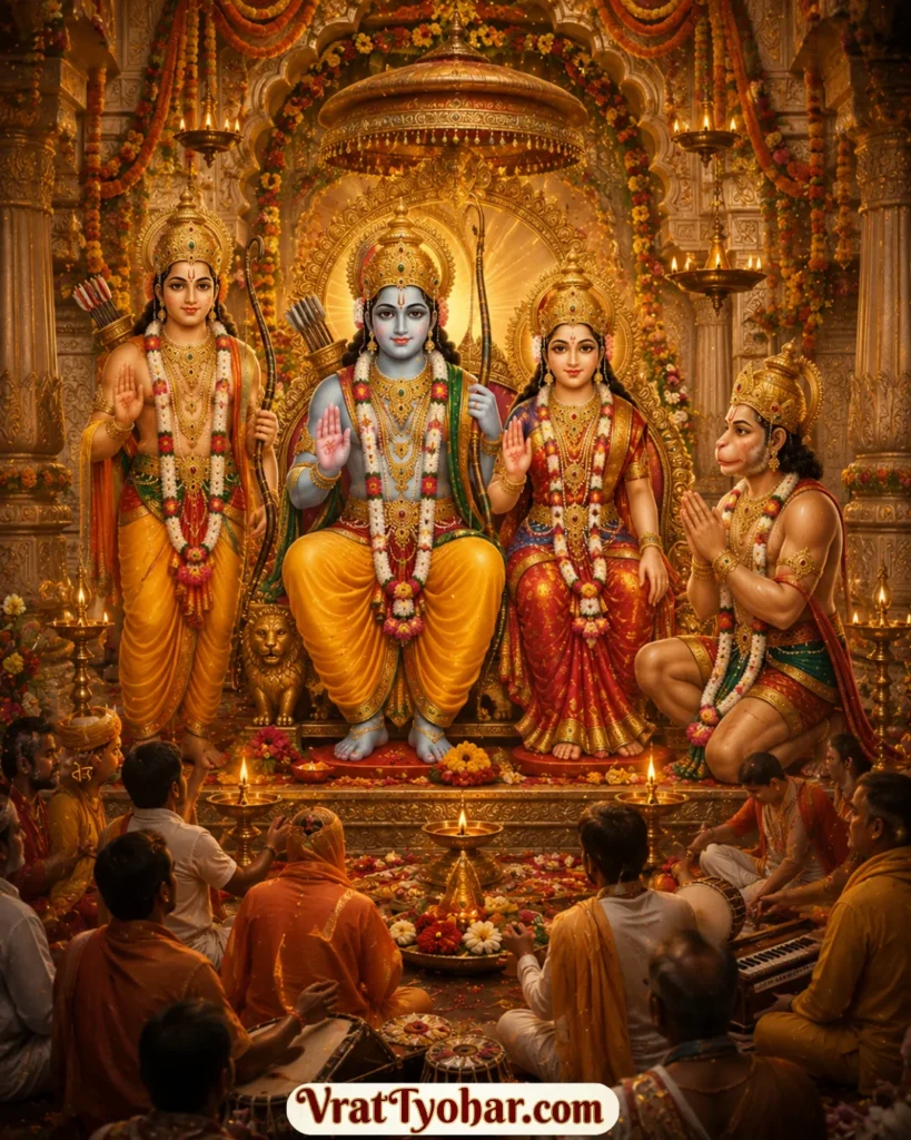 राम नवमी का दिव्य दृश्य जिसमें भगवान श्रीराम, माता सीता, लक्ष्मण और हनुमान का दरबार, दीप और फूलों की सजावट दिखाई दे रही है।