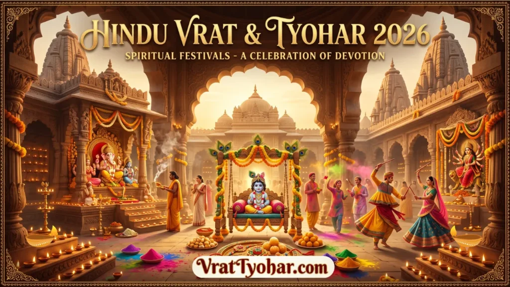 व्रत और त्योहार 2026 की फीचर्ड इमेज जिसमें का आध्यात्मिक दृश्य