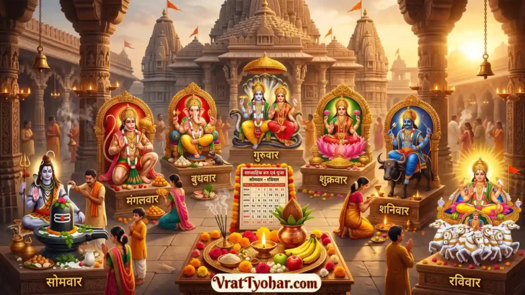 सोमवार से रविवार तक सभी साप्ताहिक व्रतों को दर्शाता हुआ एक भव्य और आकर्षक भारतीय धार्मिक दृश्य