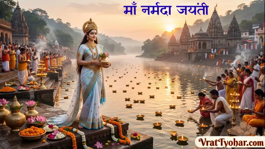 नर्मदा जयंती के पावन अवसर पर माँ नर्मदा की पूजा, आरती और दीपदान करते श्रद्धालु।